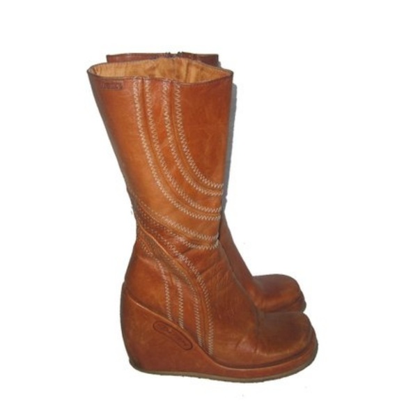 SOLD Vintage Destroy Wedge Hi Heel Leather Boots - Picture 2 of 4